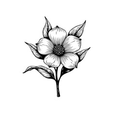 Elegant monochrome floral illustration with delicate petals and detailed leaves