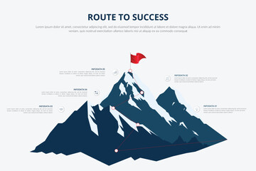 Mountain progression path. Climbing progress route, mountain peak overcoming, mountain climbing path with red flag on top  illustration. Way path infographic, progress way to peak
