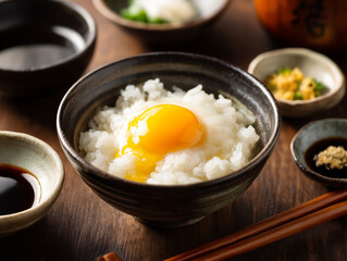 A traditional Japanese dish, tamago kake gohan (rice with raw egg)