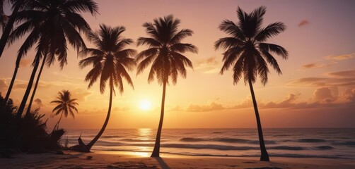 Distressed film effect, tropical beach scene, palm silhouettes against sunset sky ,  film,  summer