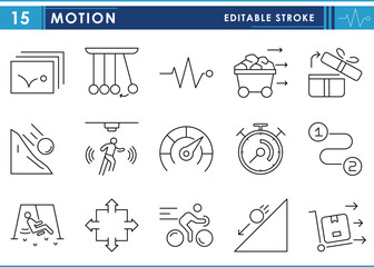 Fototapeta premium A set of line icons related to Motion. Motion, movement, pendulum, avalanche, animation, and so on. Vector editable stroke.