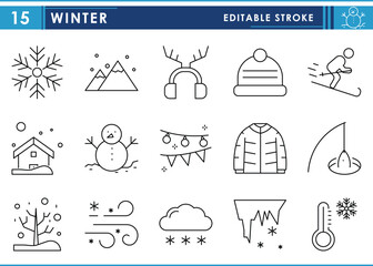 A set of line icons related to Winter. Cold, snowman, temperature, events, festival, fishing, and so on. Vector editable stroke.