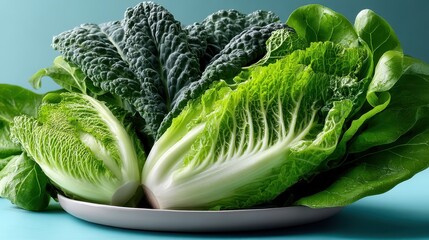 Fresh green kale and romaine leaves on a plate with a light blue background in a vibrant kitchen setting