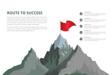 Mountain climbing route to peak. Hiking trip to the top of the mountain journey path. Route challenge infographic career top goal growth plan journey to success. Business climbing vector concept