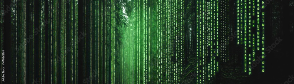 Poster A digital forest scene displaying binary code in green color