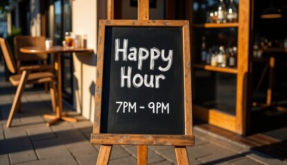 Chalkboard menu announcing Happy Hour from 7PM to 9PM  
