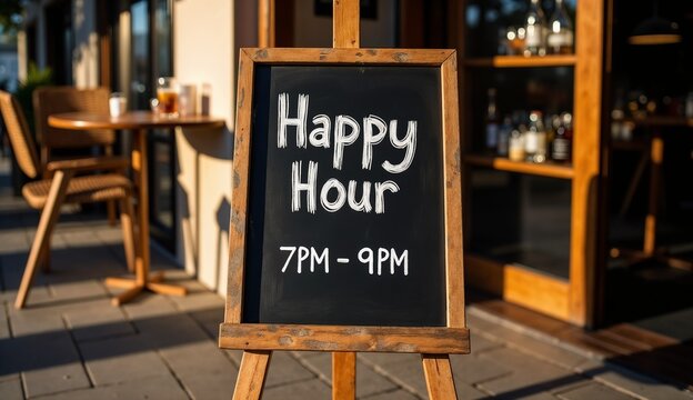 Chalkboard menu announcing Happy Hour from 7PM to 9PM  