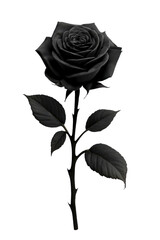 A single black rose with dramatic contrast and lush leaves