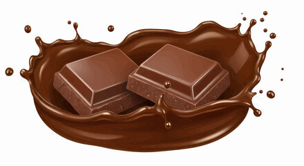 Obraz premium Two rectangular pieces of brown chocolate partially submerged in a drizzle of melted brown chocolate on a transparent background vector