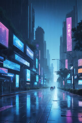 Rain-soaked futuristic avenue with digital billboards, empty sidewalks, and ambient blue lighting


