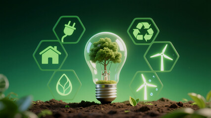 Environmental conservation and sustainable living represented through renewable energy and green symbolism
