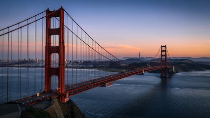 Obraz premium Golden Gate Bridge At Sunset San Francisco Bay Area Aerial View Of The Iconic Landmark Spanning The Waterway Capturing Its Architectural Beauty With The City Skyline