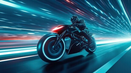 Futuristic motorcycle racer in a vibrant neon tunnel.  Dynamic motion blur highlights speed and technology