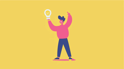 Cartoon Character With Light Bulb Idea On A Yellow Background Vector Illustration