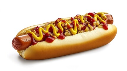 Hot dog with ketchup, mustard, and onions on white background.