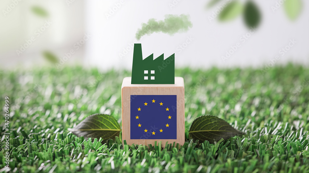 Poster wooden block with eu flag and green factory model emitting green smoke sits on artificial grass, sho