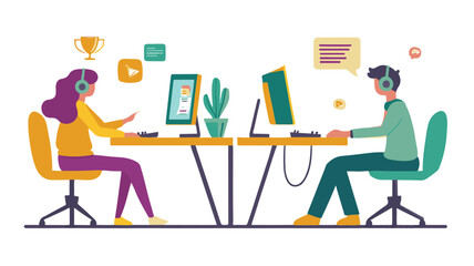 Two People Working Together On Computers In Colorful And Modern Office Space