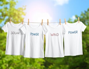 Renewable energy concept. Four t-shirts on a washing line with the words wind, solar, and power written on them in English.
