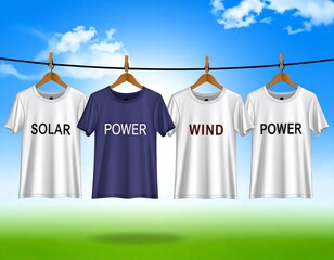 Renewable energy concept. Four t-shirts on a washing line with the words wind, solar, and power written on them in English.