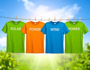 Renewable energy concept. Four t-shirts on a washing line with the words wind, solar, and power written on them in English.