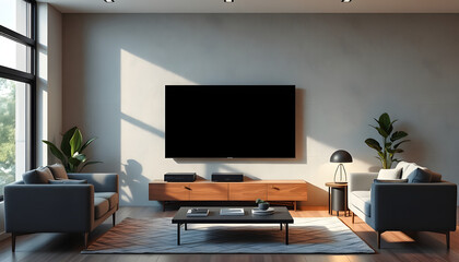 TV led mock up screen. Smart TV on a curbstone in an interior of the living room, graphic novel art. White tone