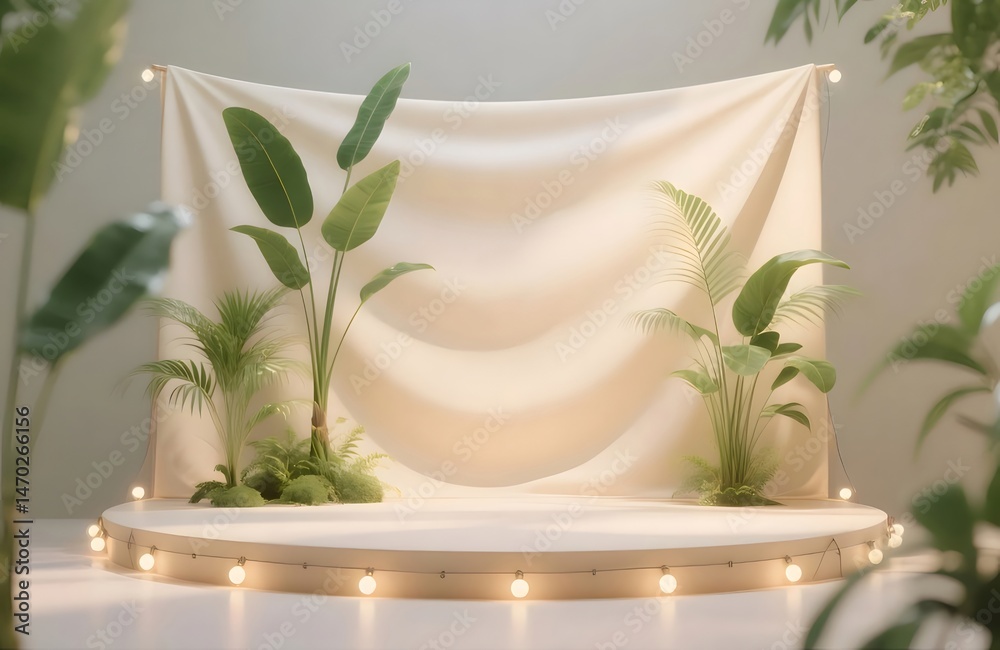 Aufkleber クリーム色のドレープ背景に熱帯植物がある照らされたステージで製品プレゼンテーションを行う