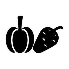 Stylized black vector illustration of a bell pepper and a strawberry
