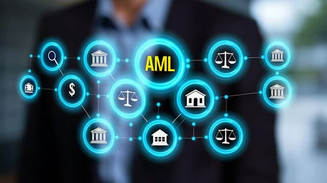 A businessman interacting with digital icons related to AML compliance and finance.