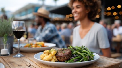 A joyful dining scene featuring a woman enjoying a gourmet meal outdoors with friends.