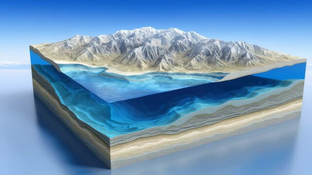 3D Illustration of Geographical Layers with Mountains and Ocean