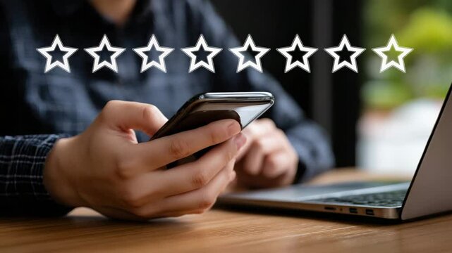 Person reviewing a service on phone with laptop and star ratings in the background.