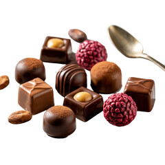 Assortment of chocolate candies isolated on white and transparent background.