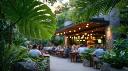 Naklejka premium A vibrant outdoor restaurant surrounded by lush greenery and warm ambient lighting.