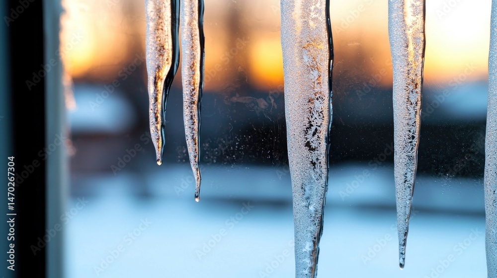 Poster sharp transparent icicles hanging with a scenic out of focus background