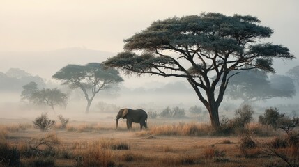 Elephant grazing acacia trees wildlife photography morning light natural landscape tranquil scene