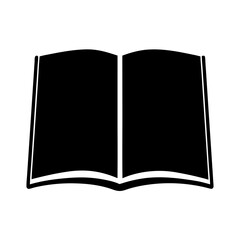 Simple black open book illustration on a white background with empty pages