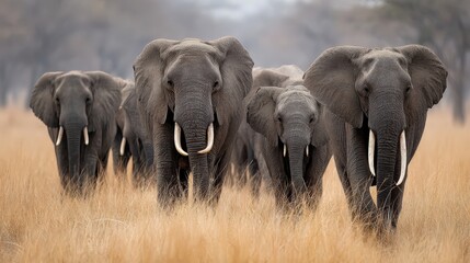 Obraz premium Elephant herd marching through tall yellow grass african savanna wildlife photography natural habitat ground level animal behavior