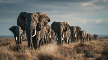 Obraz premium Elephant herd movement african savanna wildlife photography clear sky ground perspective nature dynamics