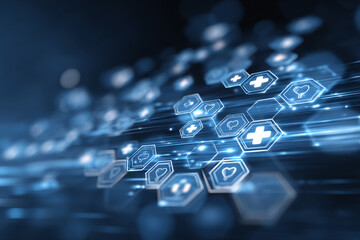 Abstract blue digital background with glowing hexagonal medical icons, showcasing healthcare technology and connectivity, symbolizing modern medicine and data flow