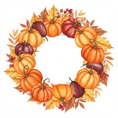 Autumn Watercolor Pumpkin Wreath with Fall Leaves