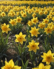 Fototapeta premium Sunlit field of vibrant yellow daffodils in full bloom, petals glistening , macro, yellow flowers