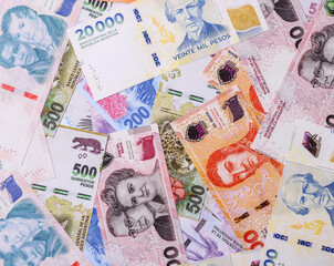 Background of Argentine peso paper money, notes with different denominations