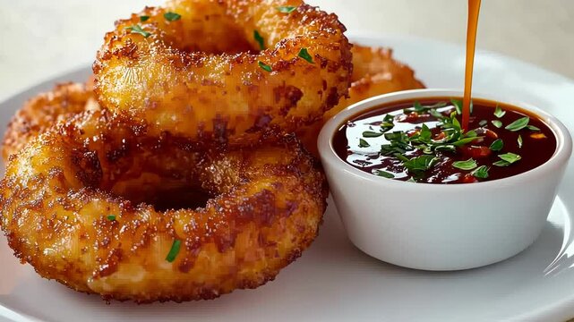 A stack of crispy onion rings served with a side of dipping sauce, garnished with chives and fresh herbs on a white plate