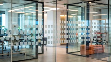 Fototapeta premium Modern Office Interior With Glass Walls And Square Pattern Design