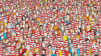 A playful and densely packed visual puzzle capturing the iconic search for Waldo among a sea of colorful, bustling characters. Generative AI