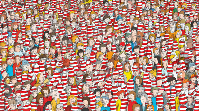 Naklejki A playful and densely packed visual puzzle capturing the iconic search for Waldo among a sea of colorful, bustling characters. Generative AI