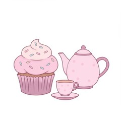 Pink Pastel Cupcake Teapot and Teacup Illustration