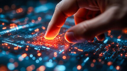 A close-up of a finger touching a complex luminous structure, a microchip, or a digital network.