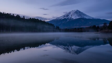 Mount Fuji Reflection In Lake At Dawn With Forest And Mist Serene Landscape Scenery Japanese Landmark Peak Snowcapped Majestic Beauty Peaceful Destination