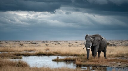 Fototapeta premium Khris elephant at watering hole african savanna wildlife photography natural habitat side view tranquil moment